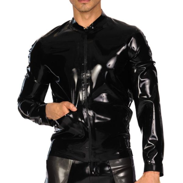 

men's jackets black latex jacket with zippers pockets and high collar rubber coat yf-0279, Black;brown