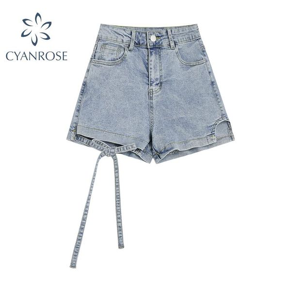 

women's shorts irregular denim short for women high waist wide leg 2021 summer streetwear korean style bandage design female, White;black