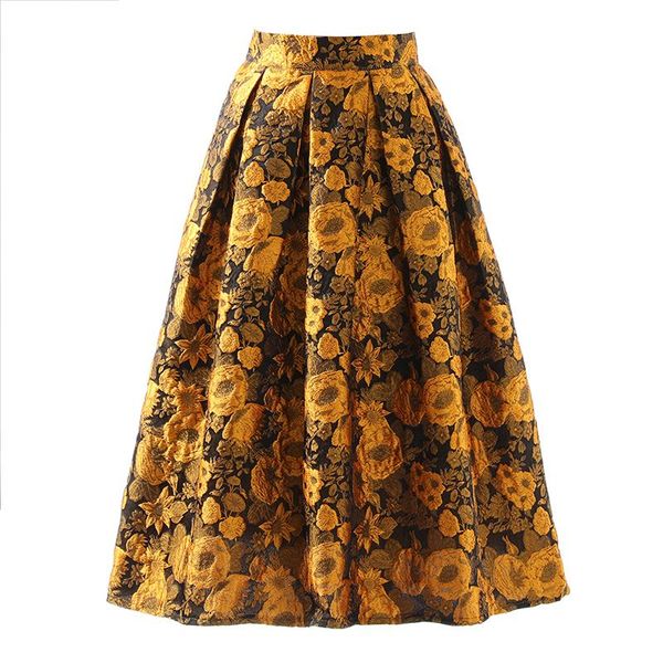 

skirts fashion floral jacquard skirt autumn winter women high waist a-line pleated long vintage elegant, Black
