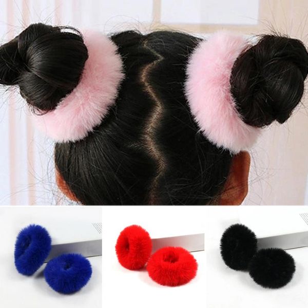 

one pair girls furry headband cute soft colorful head rope ring plush hair bands elastics ladies skin ties jewelry decoration, Slivery;white