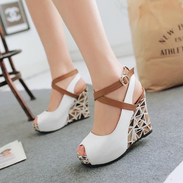 

sandals fashion 2021 large size 33-43 peep toe mix color shoes woman buckle strap wedge heels women, Black