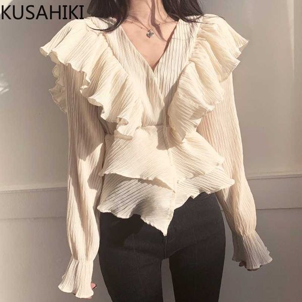 

kusahiki ruffle patchwork elegant women korean pleated v-neck long sleeve shirt causal blusas mujer de moda 6g014 210602, White