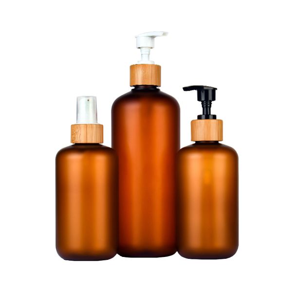 8,3 oz 250 ml bernsteinfarbene, mattierte Kunststoff-Pumpflaschen mit Bambusdeckel, ideal für Lotionen, Flüssigseife, Aromatherapie und mehr
