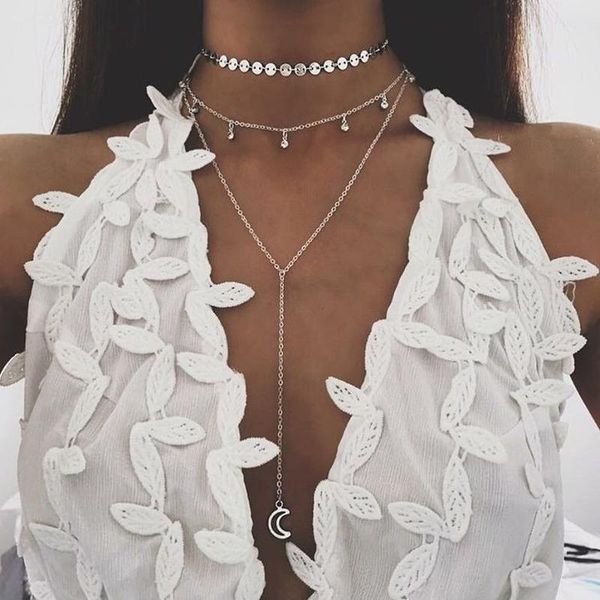 

chains vintage 2021 fashion minimalist long tassel chain necklace pendant dainty sequins multi layers necklaces women, Silver