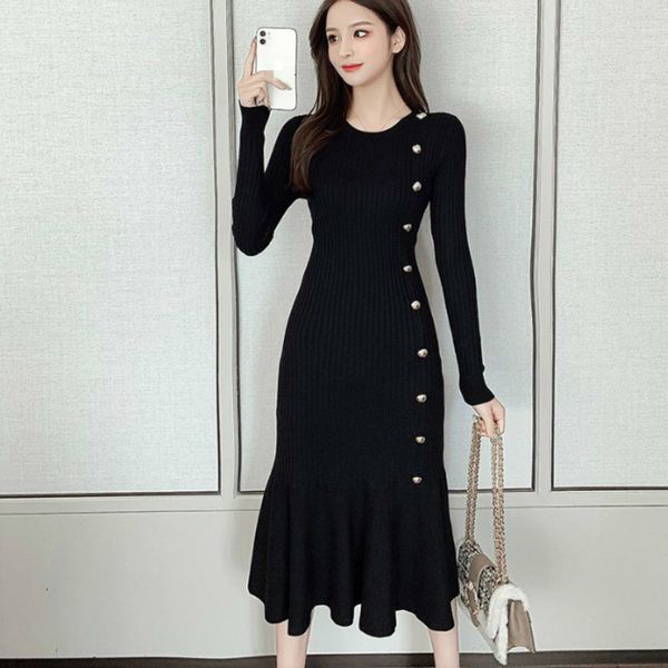 

chic button the slender neck mesh fit wome new fall mid-length trumpet solid waist high dress 1qis, Black;gray