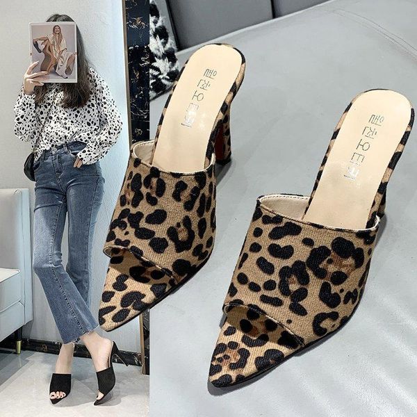 

new brand design sandals candy leopard slippers large women shoes size 35-43 high heel thin heels heels women open toe shoes, Black