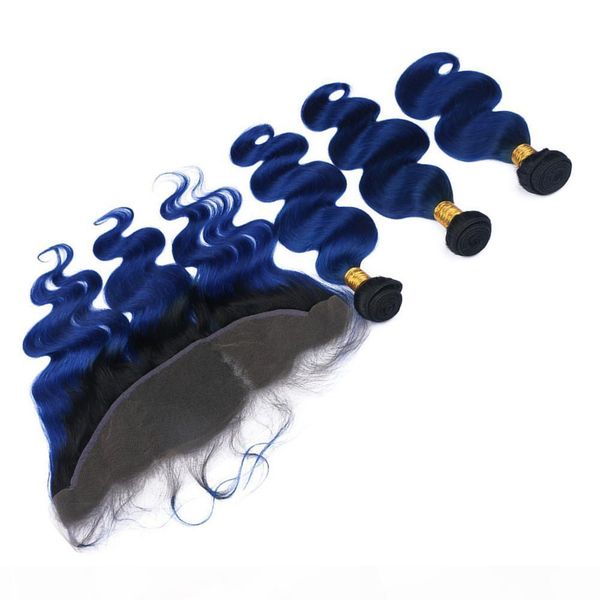 

dark blue ombre peruvian human hair wefts with lace frontal closure 13x4 body wave #1b blue ombre virgin hair 3 bundles with frontal, Black;brown
