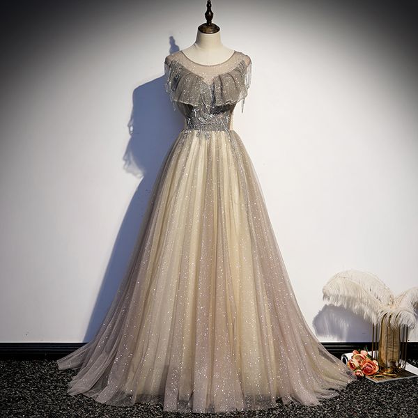 

Simple Round Neck Tassel Shoulder Evening Dress Brilliant Appliques Sequins Celebrity Party Gown Women Banquet Long Dress, As the photo