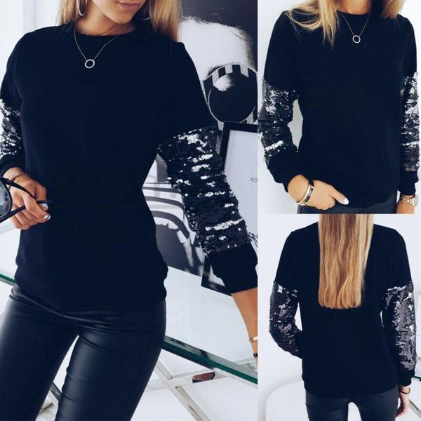 

women ladies autumn winter sequins o neck loose long sleeve shirt blouse, White