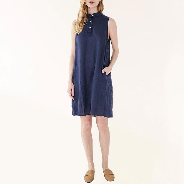 

casual dresses elegant linen summer women vintage stand neck sleeveless button up pockets dress female clothing, Black;gray