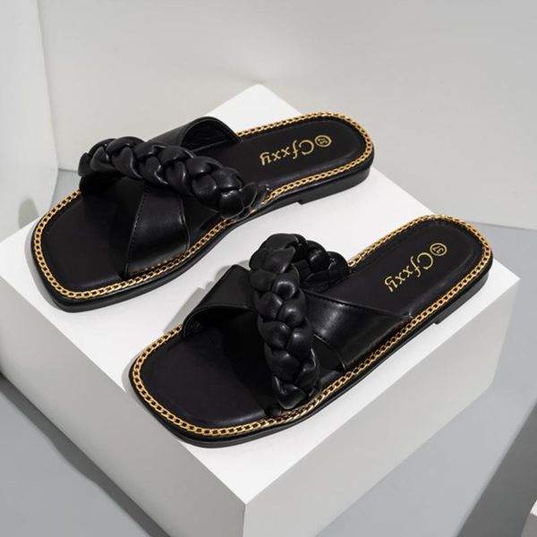 

slippers street retro fashion big size women's shoes brown braided twist flat sandals comfortable non slip ladies outdoor elegant, Black