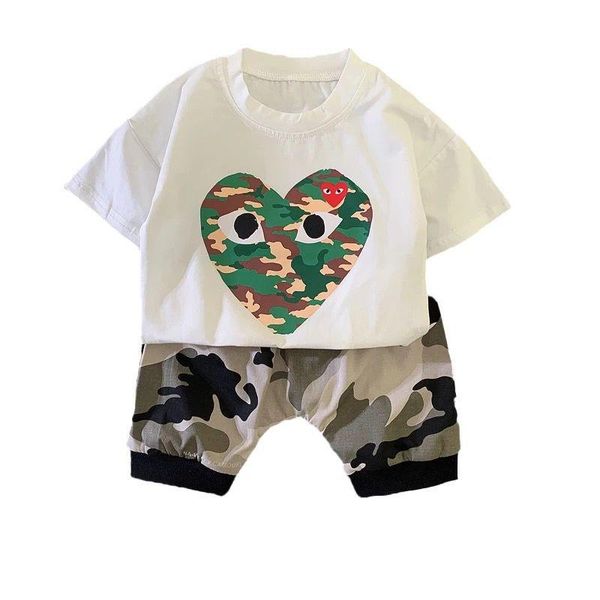 

clothing sets kids girl summer shorts suit camouflage heart printed short sleeve casual baby set, White