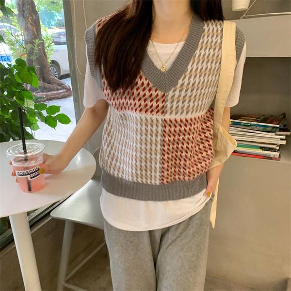 

women's vests splicing houndstooth knitted vest women vintage v neck 2021 autumn casual loose all-match pullover fashion, Black;white