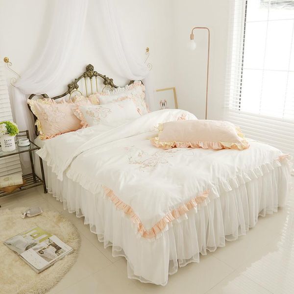 

bedding sets 4/6pcs cotton white bed linen set lace princess style sets/bedclothes twin  king size duvet cover skirt