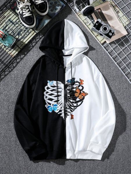 

men two tone skeleton & butterfly print drawstring zip-up hoodie h2bo#, Black