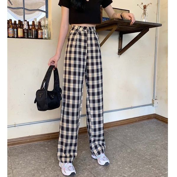 

chess electric belt pants loose women loose straight leg pants 2021 korean casual belt pants upper harajuku jif4, Black;white