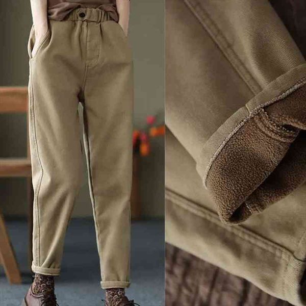 

vintage denim pants women autumn winter warm plush harem pants female khaki black thicken elastic waist casual trousers, Black;white
