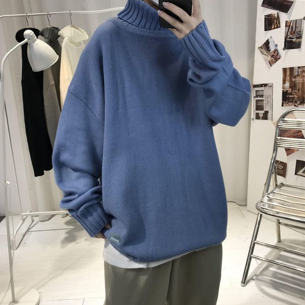 

2021 new winter turtleneck men's warm fashion casual knit pullover men loose korean solid color sweater mens clothes -2xl bpx8, White;black