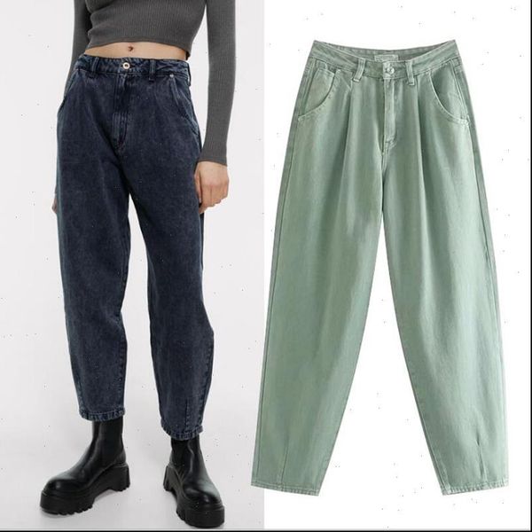 

streetwear pleated mom high waist womens jean loose slouchy pockets boyfriend pants casual ladies denim trousers, Blue