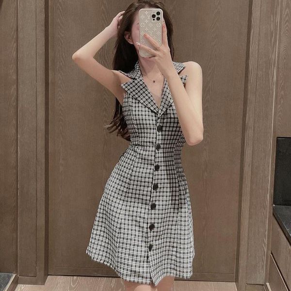 

casual dresses summer backless dress vintage plaid women 2021 korean style fashion mini turn-down collar houndstooth, Black;gray