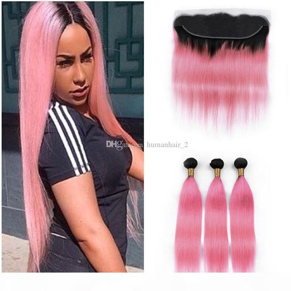 

pink ombre hair bundles with lace frontal peruvian virgin human hair weaves 3 bundles with lace frontal closure silk straight pink hair, Black;brown