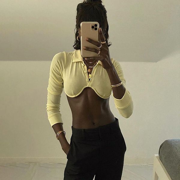 

turn-down collar long sleeve fashion womens crop button up tee slim casual t-shirts streetwear, White