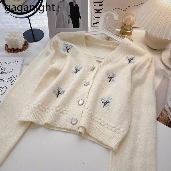 

women's knits & tees gaganight women embroidery flower cardigan long sleeves v neck lady casual loose kardigan fall winter 2021 outwear, White