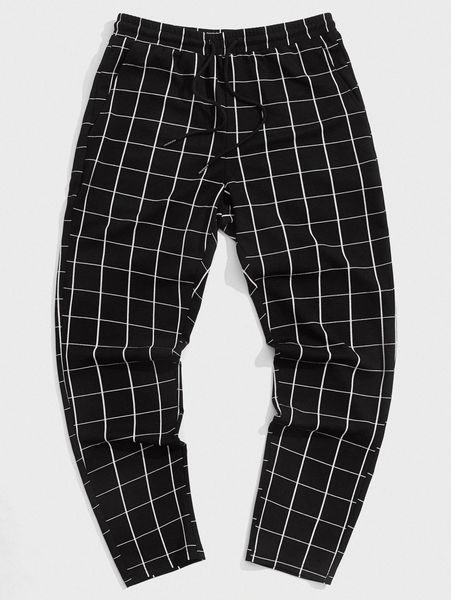 

men plaid print drawstring waist pants x6pf#, Black