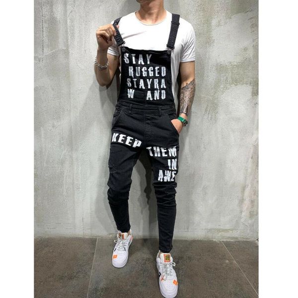 

men's jeans ripped letter printed jumpsuits hi street distressed denim bib overalls for man suspender pants size s-xxl, Blue