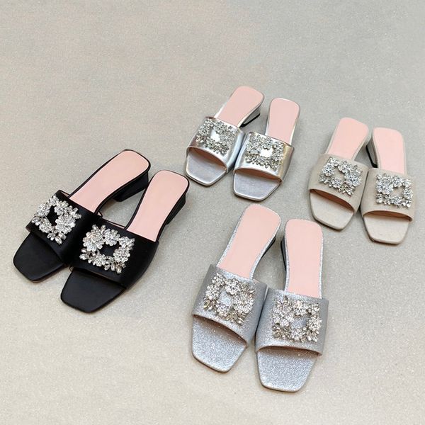 

classic square buckle slippers swarovski rhinestone decoration designer womens sandals commute dating shoes genuine leather low heeled women, Black