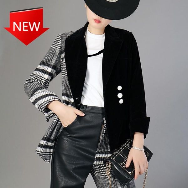 

women's suits & blazers asymmetrical 2021 spring fashion clothes velour patchwork wool plaid blazer coat female long sleeve, White;black
