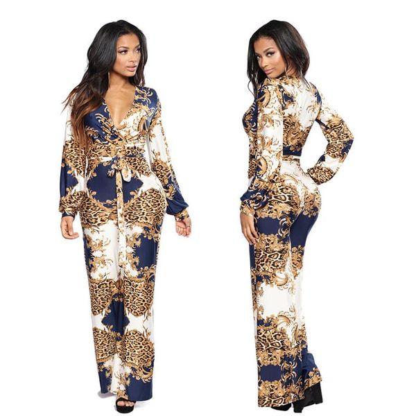 

women's jumpsuits & rompers vintage print long sleeve jumpsuit women v neck lace up female summer retro playsuits one piece overalls, Black;white