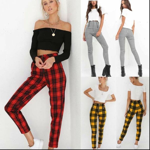 

spring autumn women tartan plaid high waist trousers ladies checked slim fit ankle length zipper straight pants, Black;white