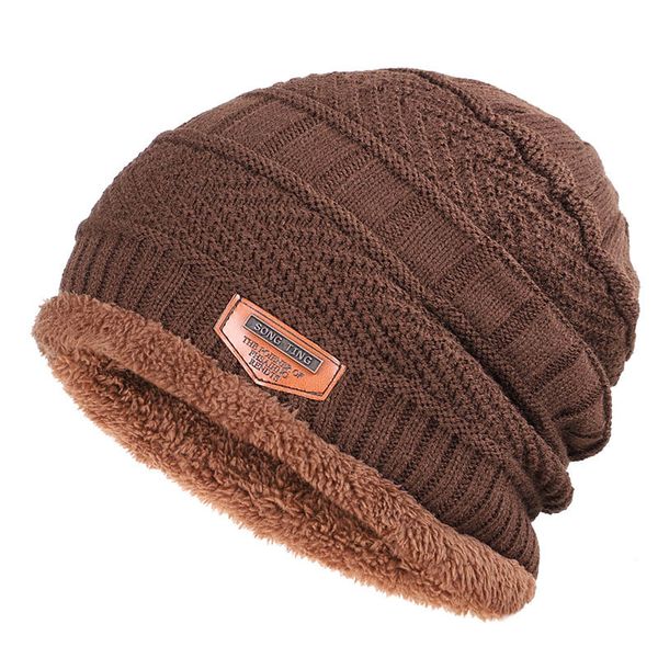 

winter new knitted mens hats plus velvet thickening outdoor warm and comfortable caps leather label skullies beanie male, Black;white