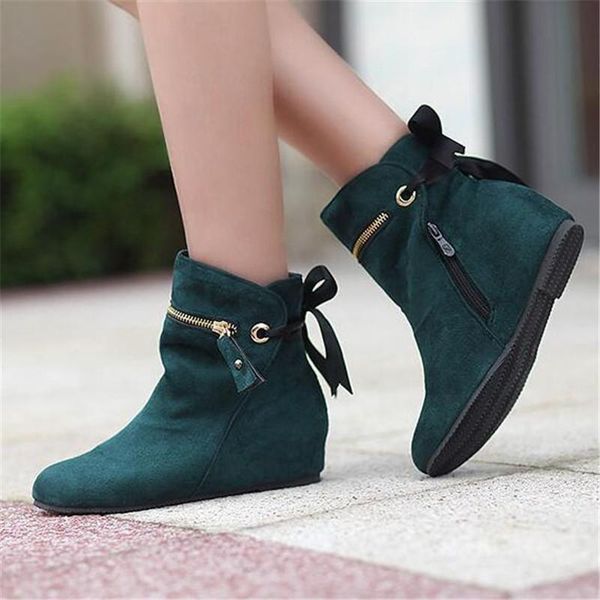 

boots fashion women wedge autumn winter butterfly-knot zip round toe ankle female suede booties, Black