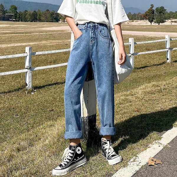 

women's jeans loose slouchy high waist boyfriend wide leg vintage denim plus size ladies, Blue