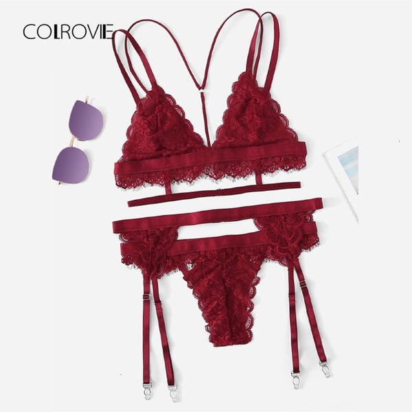 

colrovie burgundy floral scalloped trim lace lingerie set new women bra and brief sets wireless underwear bra set 210122, Red;black