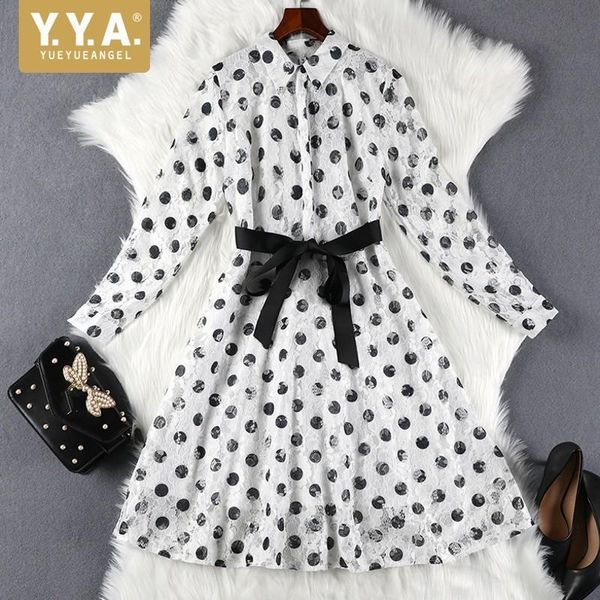 

casual dresses oversize spring brand womens dot lace long sleeve sashes slim fit office ladies plus size streetwear female, Black;gray