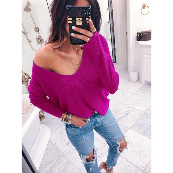 

women t shirt spring style casual loose v-neck long-sleeve ladies solid color off shoulder pullover solid color tshirt, White