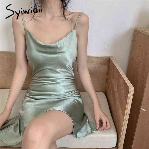 

spaghetti strap dress for women satin summer black green party bandage sleeveless a-line mini silk dresses 210607, Black;gray