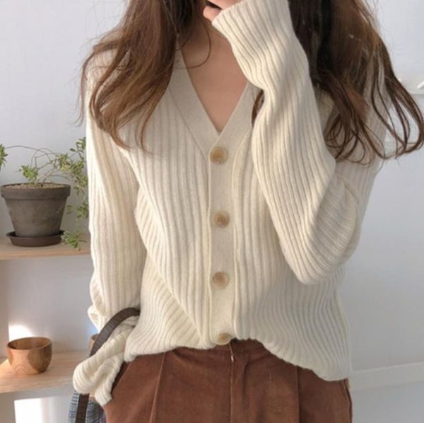 

women's knits & tees 2021 autumn and winter v-neck wool knit cardigan women's slim sweater fashion loose coat, White