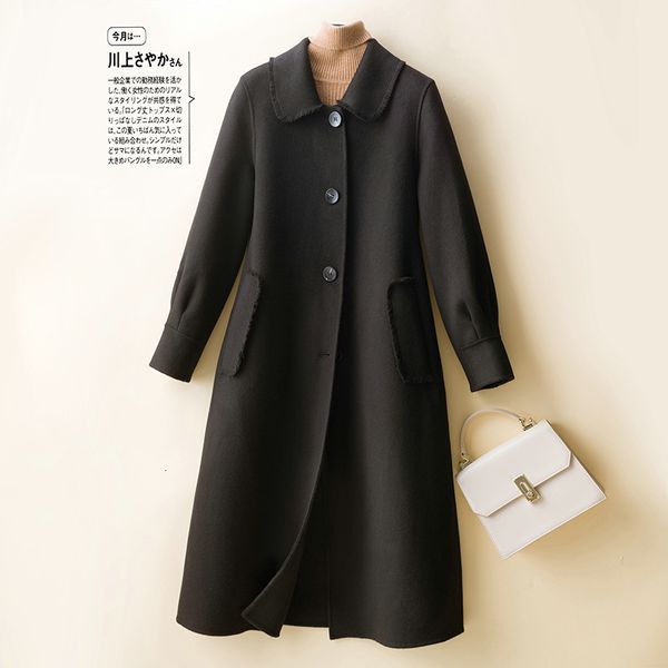 

2021 autumn winter overcoat women 100% merino wool ladies jacket coats cardigan long sleeve the new fashion thick warm 4e2u, Black