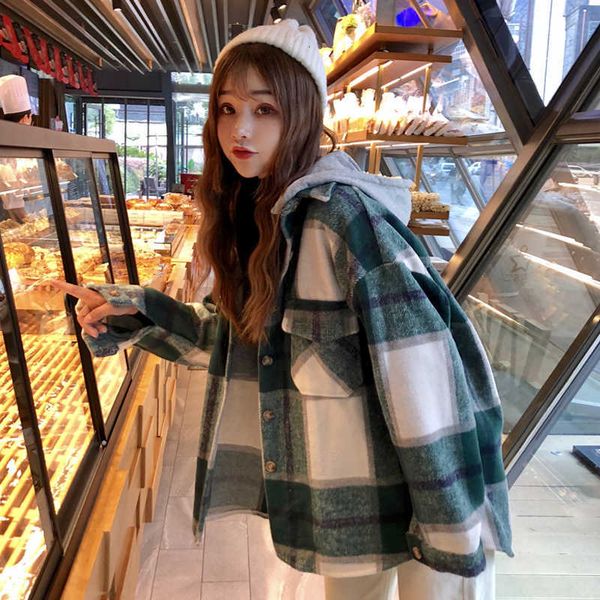 

women's jacket bomber jacket autumn / winter women's korean style loose retro plaid removable hooded coat wool coatx1020, Black