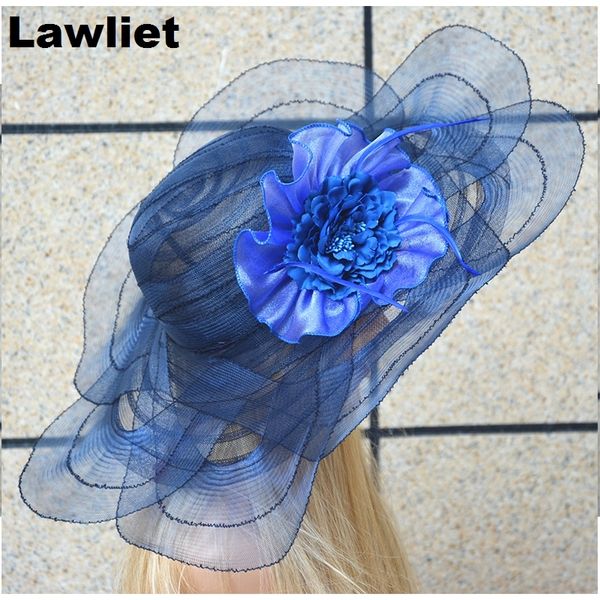 

2021 new a343 tulle breathable summer sun hat kentucky derby polyester feather wide brim floral women hats wholesale b6rv, Blue;gray