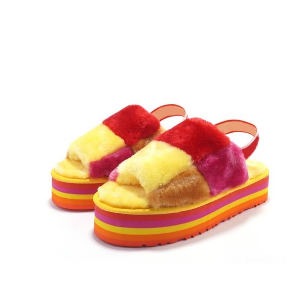 

women pantoufle slipper fur disco slippers fur rainbow disco checker slide slides platform sliders sandals hausschuhe thick bottom size35-44, Black