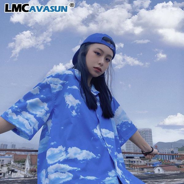 

lmcavasun summer women harajuku blouse women blue sky print short sleeve blouses shirts female streetwear, White