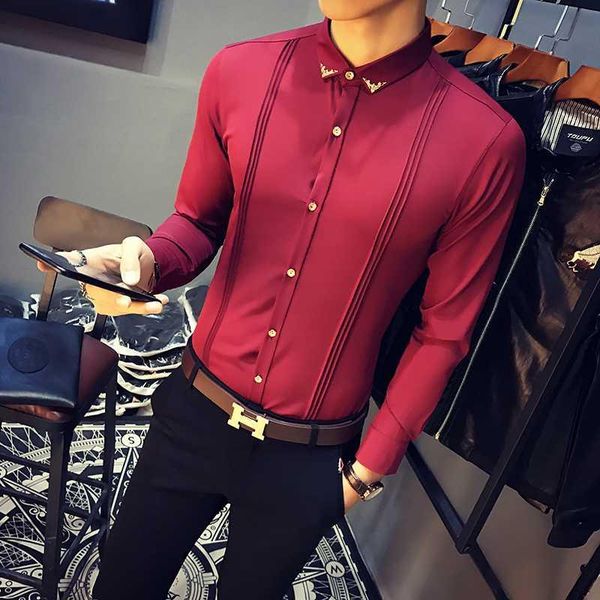 

male long formal shirt korean brand fit tuxedo shirts men's casual sleeve red black shirts slim white camisa masculina sktss