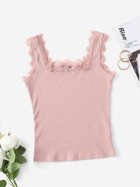 

solid lace trim rib-knit tank 85wb#, White
