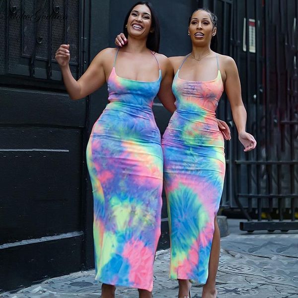 

casual dresses moko tie dye spaghetti straps lace up bodycon slit midi dress 2021 summer women fashion backless long party streetwear, Black;gray