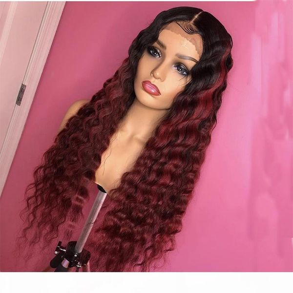 

13*6 deep wave 1b red colored lace front human hair wigs for woman ombre red lace front wig pre plucked brazilian remy hair, Black;brown